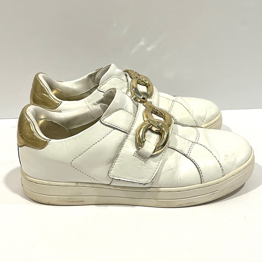 Michael Kors White Leather Gold Chain Link Slip On Sneakers FT20L Women's 7.5M
